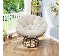Fauteuil Papasan Pivotant en Velours Côtelé, Chaise de Jardin avec Coussin pour Salon, Balcon et Chambre - 92x92x67cm - Blanc