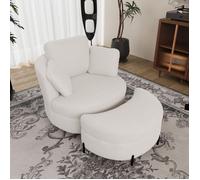 Fauteuil pivotant XXL ivoire en sherpa avec repose-pieds lune, 3 coussins séparés, montage facile