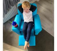 Fauteuil pour enfant avec dossier inclinable, assise en mousse PU, structure en bois massif, bleu | 62 x 52 x 69 cm | Porte-gobelet | Verrou de sécurité