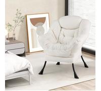 Fauteuil Relax COSTWAY-Coussin de Tête-Dossier et Siège Capitonnés-Accoudoirs-Poche de Rangement-Cadre en Métal-Charge 150 kg-Beige