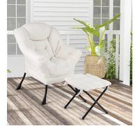 Fauteuil Relax COSTWAY-Repose-pied Pliable-Coussin de Tête-Siège Souple-Accoudoir-Poche Stockage-Cadre en Métal-Charge 150 kg-Beige