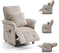 Fauteuil relax électrique, fauteuil télé avec fonction inclinable, fauteuil TV pour salon avec roulettes, dossier et repose-pieds réglables, 2 poches latérales, revêtement en tissu, couleur beige