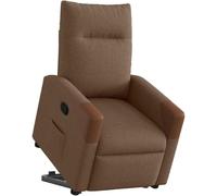 Fauteuil relax en tissu marron, avec système d'aide à la montée. Fauteuil relax manuel avec poche latérale et fauteuil releveur électrique avec fonction inclinable manuelle et réglage de l'inclinaison