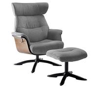 Fauteuil relax manuel pivotant + repose-pieds bois et tissu gris - NAKANO