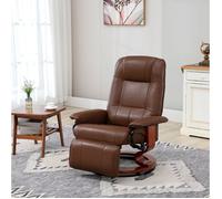 Fauteuil relax pivotant marron en simili cuir, dossier inclinable 145°, repose-pieds manuel, base en bois
