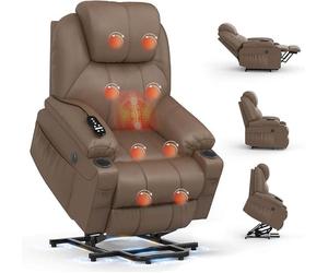 Fauteuil relax pour personnes âgées, transat motorisé avec massage et fonction de chauffage, repose-pieds prolongé, ports C + USB, 2 porte-gobelets, deux poches latérales, transats, canapé lounge