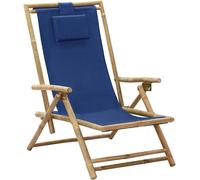 Fauteuil relax réglable, bleu marine, en bambou et tissu. Transat réglable, idéal pour le jardin, le balcon, la terrasse, le camping, la plage et la piscine