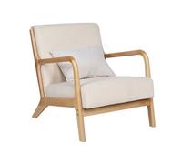 Fauteuil rembourré en tissu microfibre beige avec pieds en bois massif naturel - Longueur 65 x Profondeur 83 x Hauteur 72 cm --