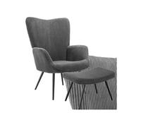 tectake® Fauteuil Salon Confortable & Tabouret en Velours côtelé Fauteuil Scandinave Moelleux avec Accoudoirs Chaise Ergonomique pour Salle à Manger, Chambre, Siege Bureau, Allaitement Gris/Noir