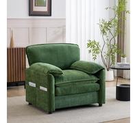 Fauteuil rétro vert, de forme simple, avec deux poches latérales, idéal pour un petit salon, un balcon, un bureau ou une chambre