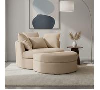 Fauteuil rond loveuse pivotante + coffre en tissu texturé beige