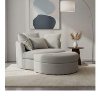Fauteuil rond loveuse pivotante + coffre en tissu texturé gris