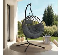 IDMarket – Fauteuil rond suspendu – Ajouré effet rotin, coussin gris