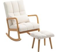 Fauteuil š€ bascule avec repose-pieds, rocking chair en tissu bouclette, pieds en bois, 64,5 x 82 x 89 cm, blanc