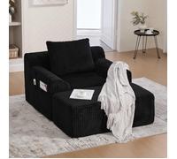 Fauteuil Salon - Petit Canapé d'angle 147x110x67cm avec Pouf, Chaise Ergonomique avec Poche Latérale, Coussin,Velours Côtelé, noir