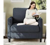 Fauteuil Salon Style Mid-Century 71x65x28cm, Structure en Bois, Bleu-Gris | Tissu en Lin, Coussin Semi-Compressé, Pieds Courts Montage sans Outils, Fauteuils de Salon, Lecture, Chambre