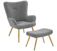 Fauteuil Scandinave à Oreilles avec Tabouret en Tissu Bouclette Fauteuil de Salon et Télévision 67,5 × 70 × 97,5 cm Gris YAHEETECH