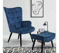 Fauteuil Scandinave Ania Avec Repose Pieds Velours Bleu