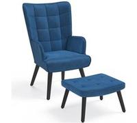 IDMARKET Fauteuil scandinave ANIA avec repose pieds velours bleu