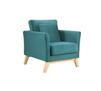 Fauteuil scandinave déhoussable en tissu velours bleu pétrole et bois clair OSLO