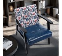 Fauteuil Scandinave en Simili Cuir Bleu Roi & Dossier en Canevas Fleuri - Élégance et Confort Nordique