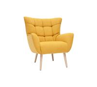 Fauteuil scandinave en tissu effet velours jaune moutarde et bois clair AVERY