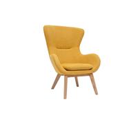 Fauteuil scandinave en tissu effet velours jaune moutarde et bois ESKUA