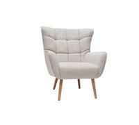 Fauteuil scandinave en tissu effet velours texturé beige et bois clair AVERY