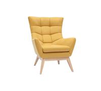 Fauteuil scandinave en tissu effet velours texturé jaune moutarde et bois clair BRODY