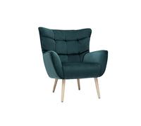 Fauteuil scandinave en tissu velours bleu pétrole et bois clair AVERY