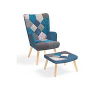 IDMarket - Fauteuil scandinave Ivar avec repose-pieds en tissu patchwork et velours bleu