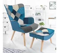 Fauteuil scandinave IVAR avec repose pieds en tissu patchwork et velours bleu