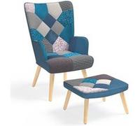 IDMarket - Fauteuil scandinave Ivar avec Repose Pieds en Tissu Patchwork et Velours Bleu