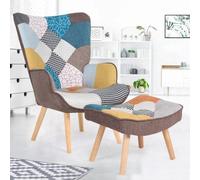 IDMARKET Fauteuil scandinave IVAR avec repose pieds en tissu patchwork multicouleurs