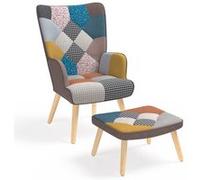 IDMARKET Fauteuil scandinave IVAR avec repose pieds en tissu patchwork multicouleurs
