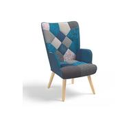 IDMarket – Fauteuil scandinave IVAR – tissu patchwork et velours – Bleu