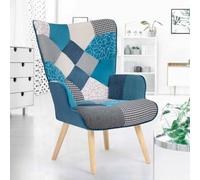 Fauteuil scandinave IVAR en tissu patchwork et velours bleu