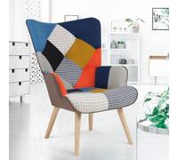 IDMARKET Fauteuil scandinave IVAR en tissu patchwork multicouleurs et imprimé pied de poule