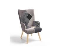 IDMarket – Fauteuil scandinave Ivar en tissu patchwork noir, gris et blanc