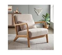 Fauteuil scandinave vintage en lin beige - SICAAN - Collection Marie - Bois massif - Accoudoirs en bois courbé