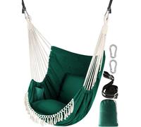 Fauteuil suspendu avec 2 coussins, en coton vert foncé, avec franges et poche latérale