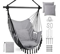 Fauteuil Suspendu avec 2 Coussins Siège et Sac - Chaise Hamac Balançoire Suspendue Charge Max 330 lbs, Fauteuil Jardin pour Intérieur et Extérieur Balcon Hamac Portable Poche Latérale (Gris)