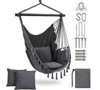 Fauteuil Suspendu avec 2 Coussins Siège et Sac - Chaise Hamac Balançoire Suspendue Charge Max 330 lbs, Fauteuil Jardin pour Intérieur et Extérieur Balcon Hamac Portable Poche Latérale (Gris Foncé)