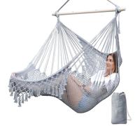 Fauteuil suspendu avec corde en coton, assise tressée, barre de support en métal et repose-pieds, idéal pour une utilisation intérieure et extérieure