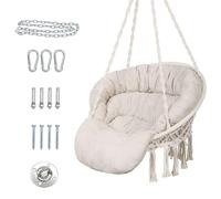 Fauteuil suspendu avec coussin, balancelle en macramé, style bohème, en coton, pour intérieur et extérieur, capacité jusqu'à 150 kg, couleur beige