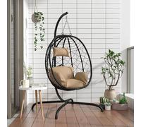 Fauteuil suspendu avec coussin, couleur taupe, en polyrotin, avec structure en acier revêtue par poudre. Balancine de jardin, idéale pour balcon, terrasse ou véranda. Mobilier d'extérieur avec coussin