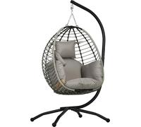 Fauteuil suspendu avec structure, 110 x 100 x 188 cm, gris, ensemble de coussins confort de 20 cm d'épaisseur comprenant des coussins d'accoudoirs et de tête, panier pliable, porte-gobelet, acier ther