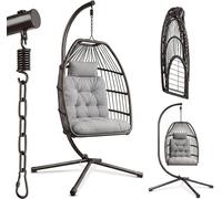 Fauteuil suspendu avec structure en polyrotin, pliable et rotatif à 360°, supportant jusqu'à 160 kg, incluant un coussin, idéal pour l'intérieur et l'extérieur, pour jardin, balcon ou salon, de couleu