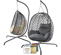 Fauteuil suspendu avec structure - Hamac relaxante - Idéal pour se détendre en extérieur - Structure en polyrotin robuste et acier - Capacité de charge : 120 kg - Couleur : gris