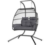Fauteuil suspendu avec structure pliable – Panier suspendu en polyrotin, ergonomique, pour 2 personnes, charge maximale de 260 kg, pour balcon et terrasse, gris foncé